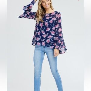 Navy Blue Floral Print Bell Sleeve Chiffon Top with Camisole
